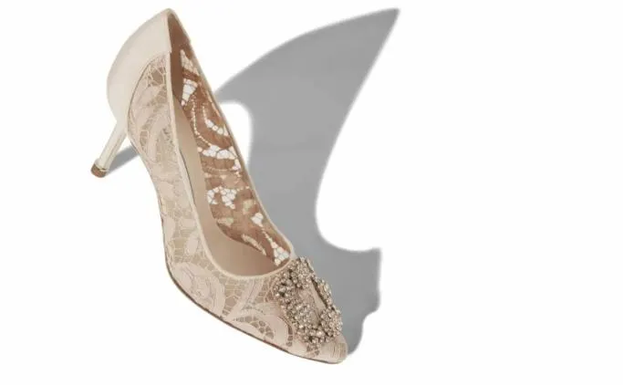 Pumps Women Manolo Blahnik HANGISI LACE 70Pink Champagne Lace Jewel Buckle Pumps Pumps Women Manolo Blahnik HANGISI LACE 70Pink Champagne Lace Jewel Buckle Pumps