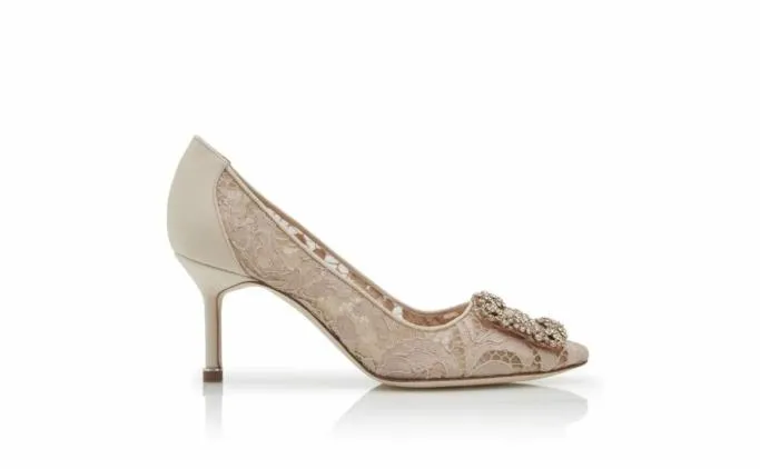 Pumps Women Manolo Blahnik HANGISI LACE 70Pink Champagne Lace Jewel Buckle Pumps Pumps Women Manolo Blahnik HANGISI LACE 70Pink Champagne Lace Jewel Buckle Pumps