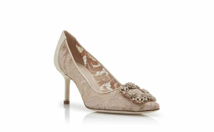 Pumps Women Manolo Blahnik HANGISI LACE 70Pink Champagne Lace Jewel Buckle Pumps Pumps Women Manolo Blahnik HANGISI LACE 70Pink Champagne Lace Jewel Buckle Pumps