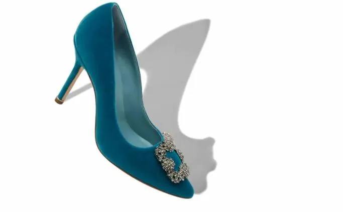 Pumps Women Manolo Blahnik HANGISI VELVETBlue Velvet Jewel Buckle Pumps