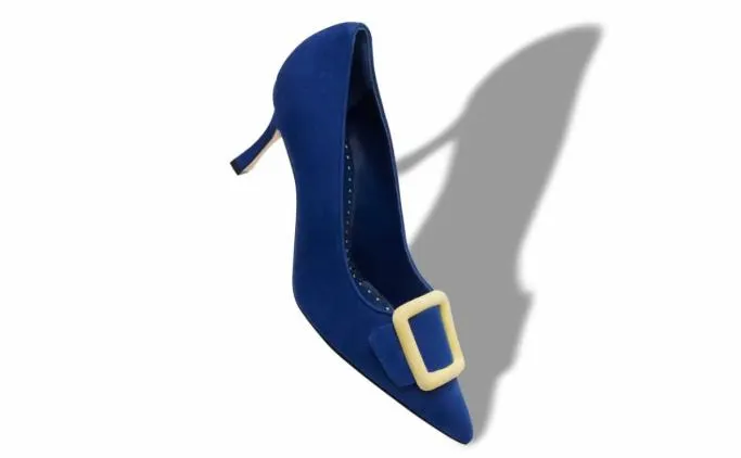 Pumps Women Manolo Blahnik MAYSALEPUMP 70Blue And Yellow Suede Buckle Pumps