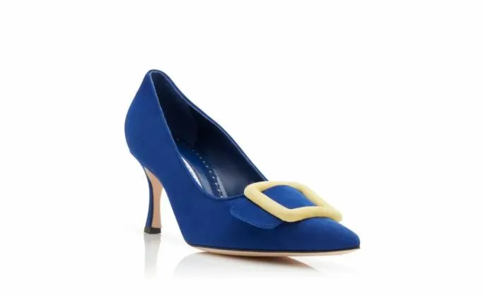Pumps Women Manolo Blahnik MAYSALEPUMP 70Blue And Yellow Suede Buckle Pumps Pumps Women Manolo Blahnik MAYSALEPUMP 70Blue And Yellow Suede Buckle Pumps