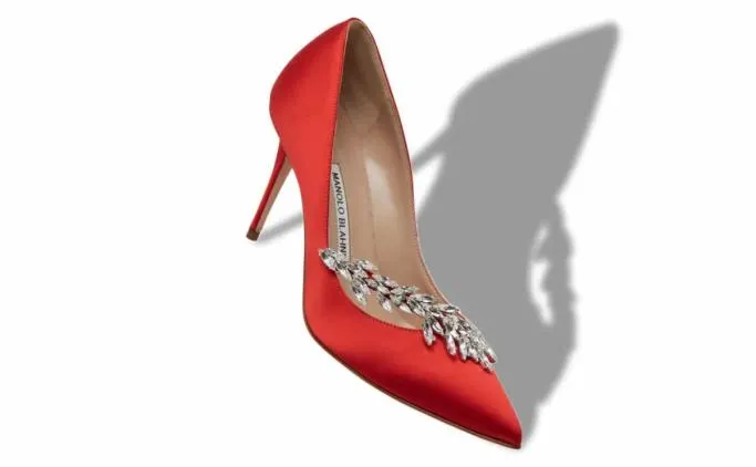 Pumps Women Manolo Blahnik NADIRARed Satin Jewel Buckle Pumps