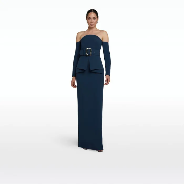 Safiyaa Giuliana Ink Blue Long Dress With Belt Women Dresses