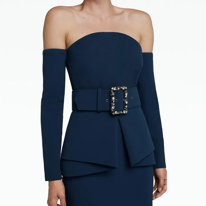 Safiyaa Giuliana Ink Blue Long Dress With Belt Women Dresses