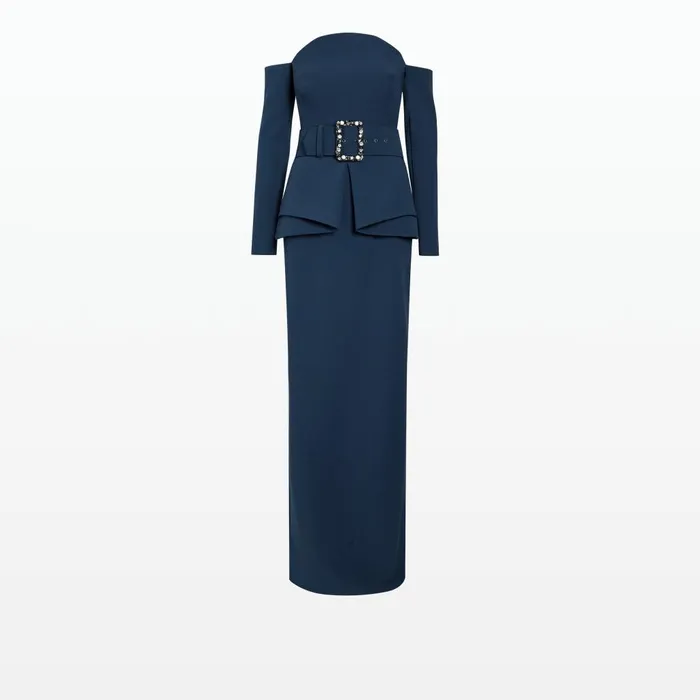 Safiyaa Giuliana Ink Blue Long Dress With Belt Women Dresses