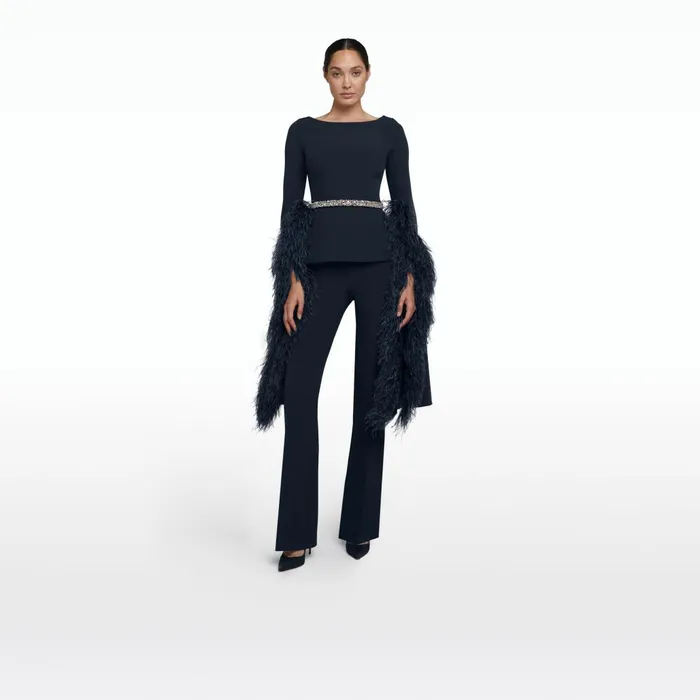 Safiyaa Tavia Midnight Navy FeatherTrimmed Top Women Tops