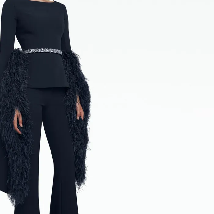 Safiyaa Tavia Midnight Navy FeatherTrimmed Top Women Tops