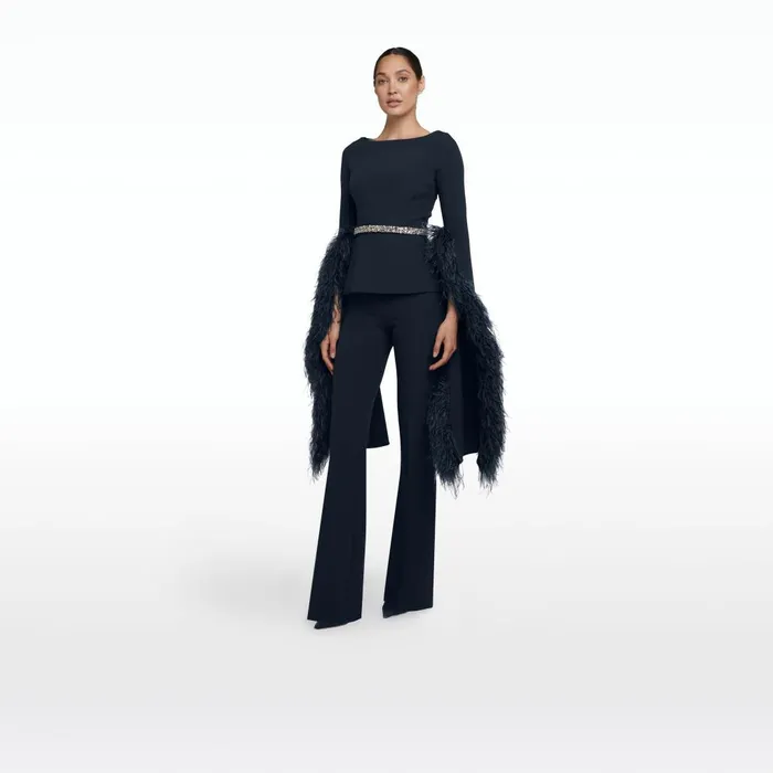 Safiyaa Tavia Midnight Navy FeatherTrimmed Top Women Tops