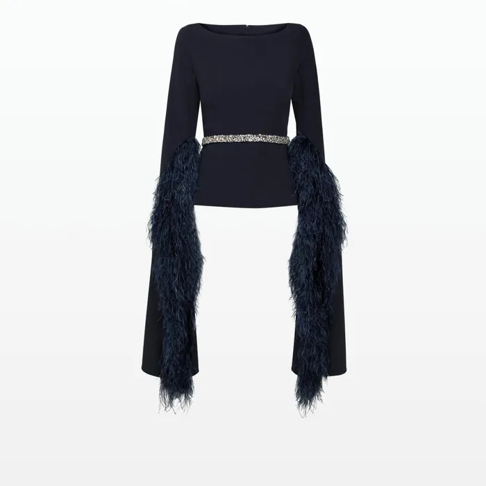 Safiyaa Tavia Midnight Navy FeatherTrimmed Top Women Tops