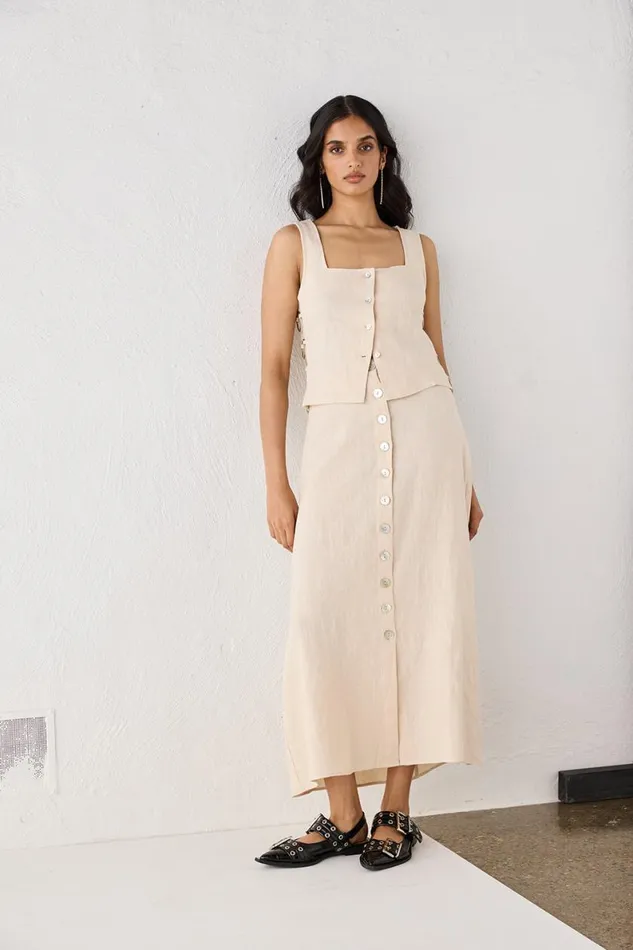 Skirts Women VRG GRL Thames Linen Midi Skirt Natural Skirts Women VRG GRL Thames Linen Midi Skirt Natural