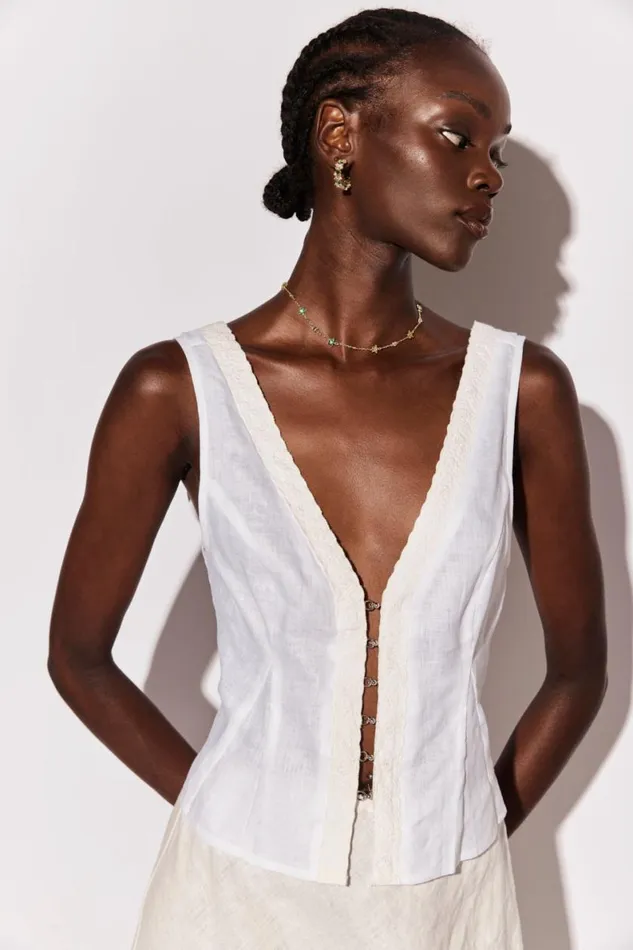 Sleeveless Women VRG GRL Allegra Linen Top White