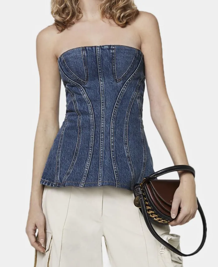 Stella McCartney Vintage Wash Denim Bustier Top Mid Blue Women Denim