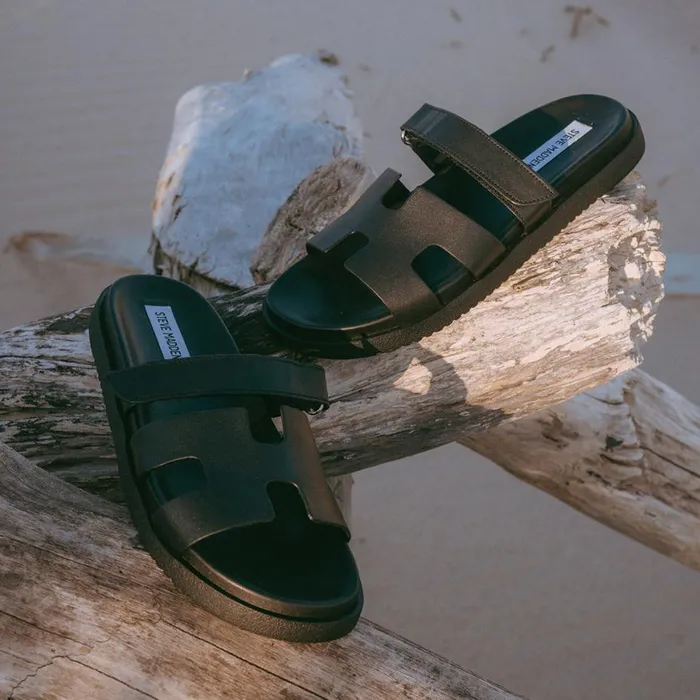 Steve Madden Mayven Black Leather Womens Sandals