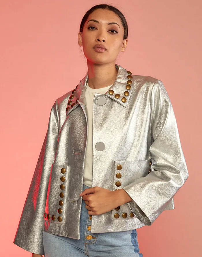 Studded Vegan Leather Jacket 8211 Silver Women Cynthia Rowley Jackets and Coats