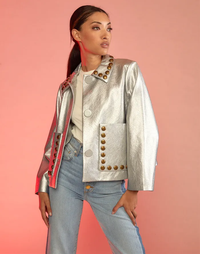 Studded Vegan Leather Jacket 8211 Silver Women Cynthia Rowley Jackets and Coats