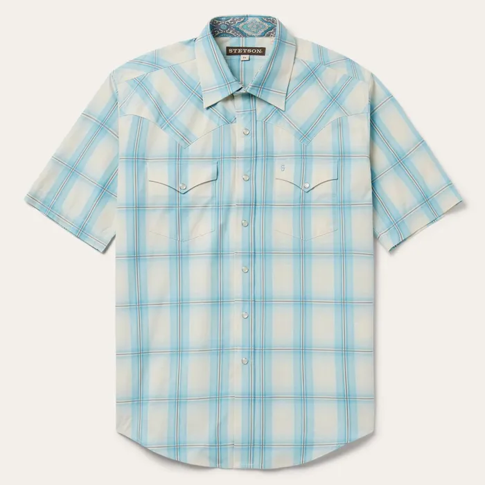 Western Shirts Men Stetson Aqua Ombre Plaid Short Sleeve Western Shirt Blue