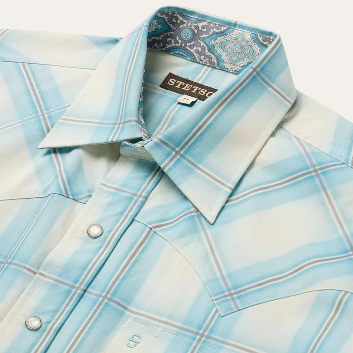 Western Shirts Men Stetson Aqua Ombre Plaid Short Sleeve Western Shirt Blue