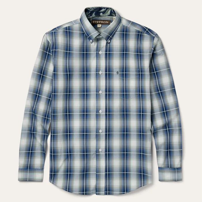 Western Shirts Men Stetson Crystal Plaid Button Down Shirt Blue