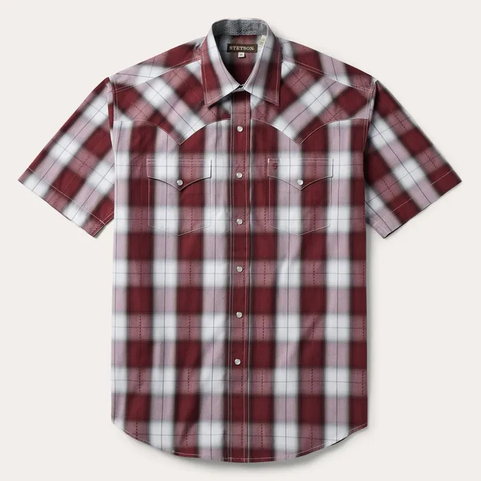 Western Shirts Men Stetson Shadow Plaid Short Sleeve Western Shirt Wine