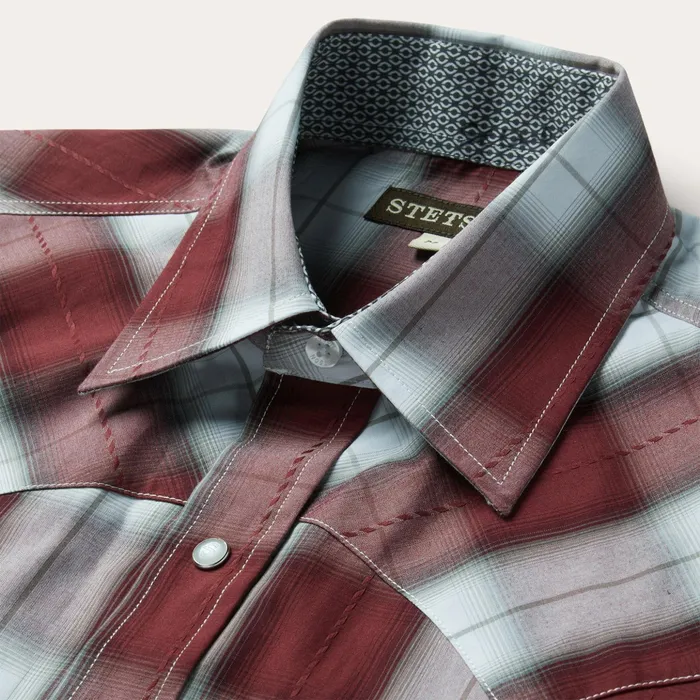 Western Shirts Men Stetson Shadow Plaid Short Sleeve Western Shirt Wine