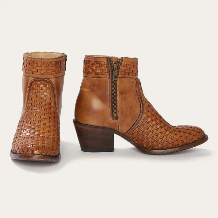 Western Women Stetson Basketweave Side Zip Ankle Boot Brown