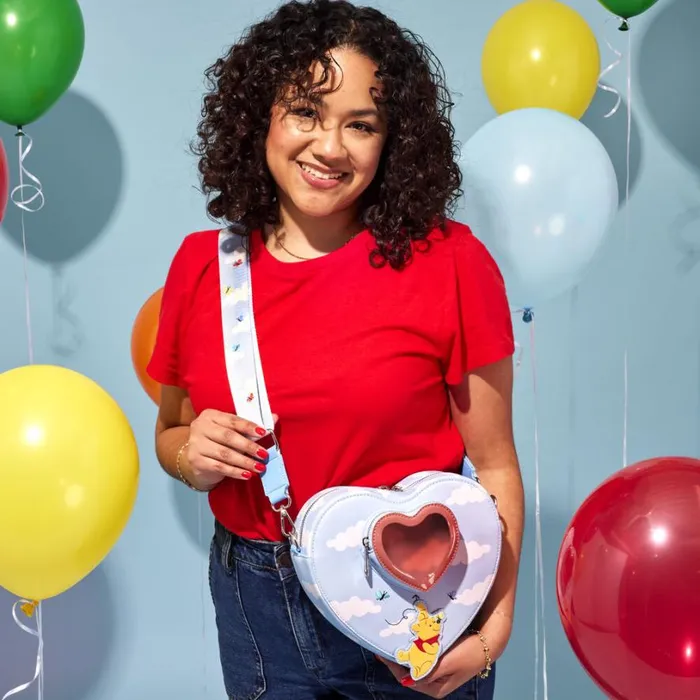 Winnie The Pooh and Friends Floating Balloons Heart Figural Crossbody Bag Unisex Loungefly Crossbody Bags Winnie The Pooh and Friends Floating Balloons Heart Figural Crossbody Bag Unisex Loungefly Crossbody Bags