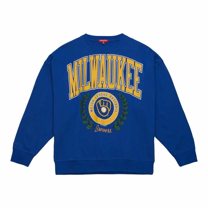 Women039s MLB Mitchell and Ness Womens Logo Lt Crew 20 Milwaukee Brewers