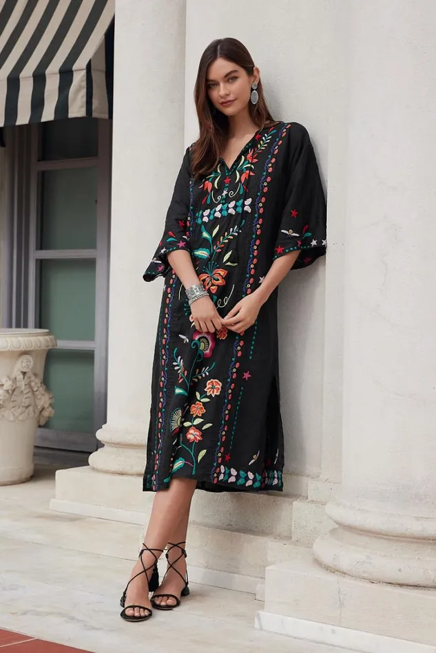 Women AVERI LINEN KAFTAN Black Johnny Was Dresses Women AVERI LINEN KAFTAN Black Johnny Was Dresses