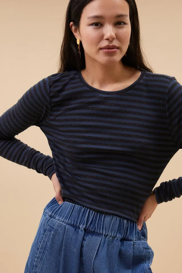 Women Basic Ls Melange Stripe Top Blue Nights Bybar Tops and Shirts