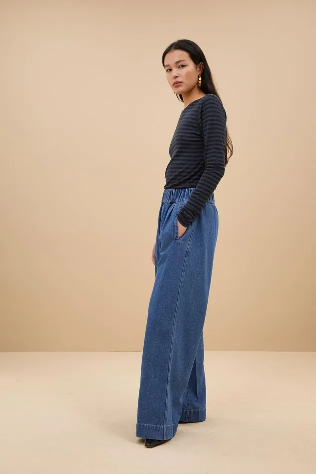 Women Basic Ls Melange Stripe Top Blue Nights Bybar Tops and Shirts