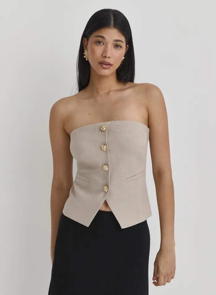 Women Beige Bandeau Button Corset Top Lia 4th and Reckless Tops