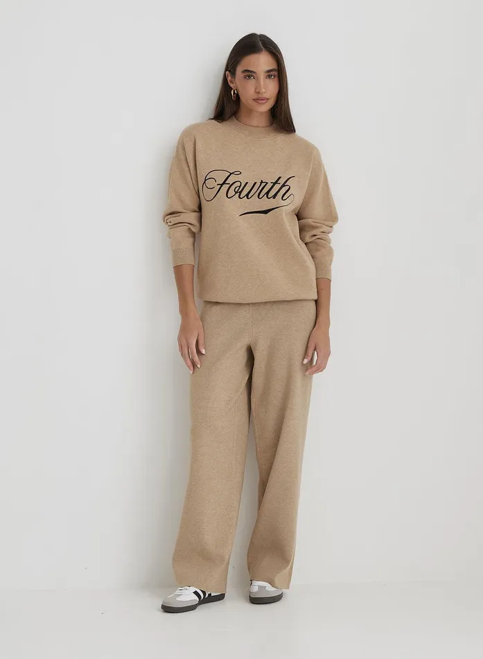 Women Beige Knitted Wide Leg Trouser Cameron 4th and Reckless Knitwear