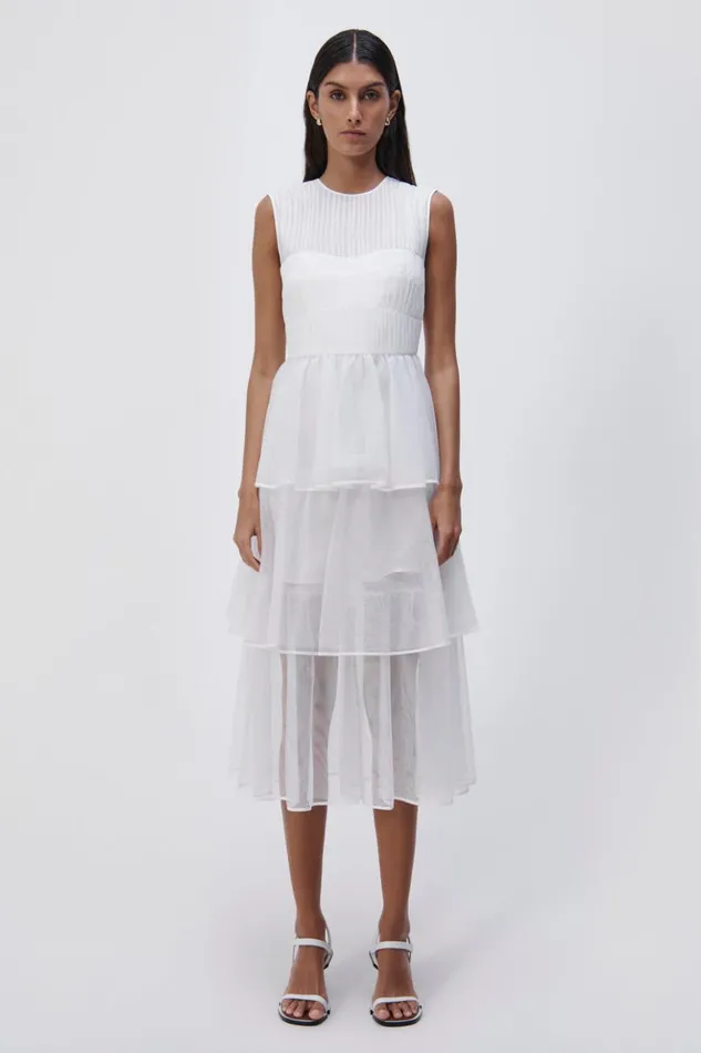 Women Benton Tulle Plisse Midi Dress White Jonathan Simkhai Dresses and Jumpsuits