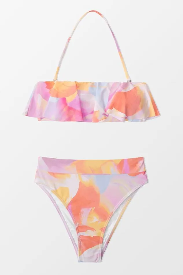 Women Bikini Sets Cupshe Aliya Abstract Print Ruffle High Waist Bikini Multicolor
