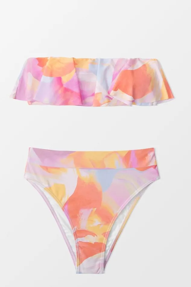 Women Bikini Sets Cupshe Aliya Abstract Print Ruffle High Waist Bikini Multicolor