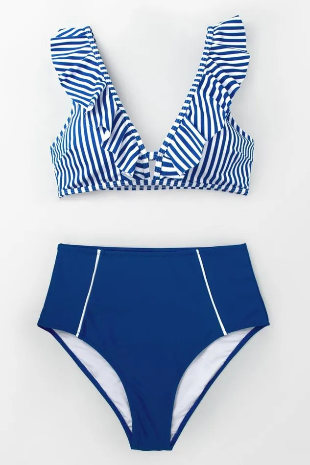 Women Bikini Sets Cupshe Blue Striped And High Waisted Bikini Blue