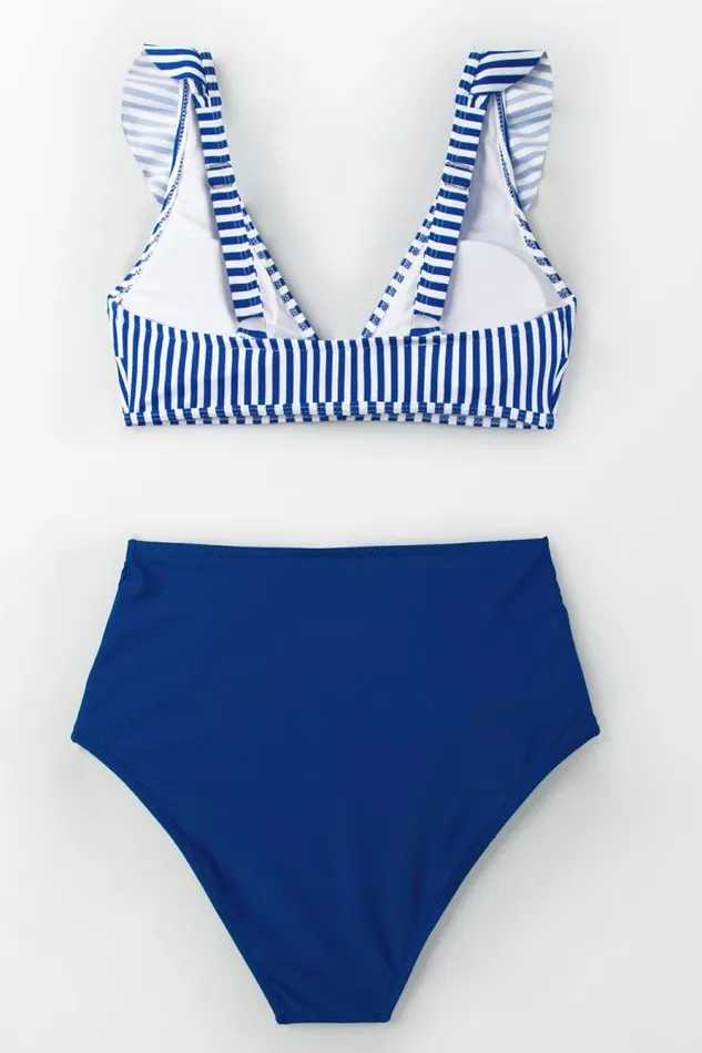 Women Bikini Sets Cupshe Blue Striped And High Waisted Bikini Blue