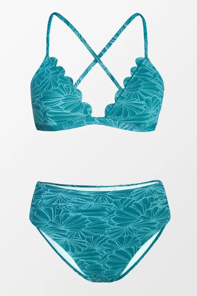 Women Bikini Sets Cupshe Flourishing Floral Scalloped Bralette And Cheeky High Waist Set Teal