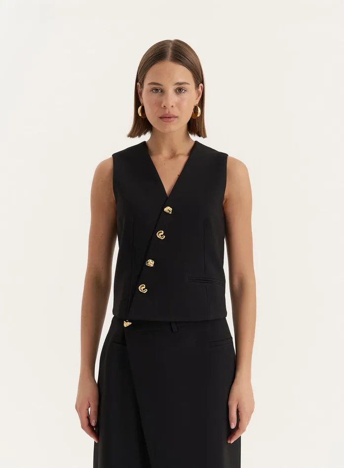 Women Black Asymmetric Gold Button Front Waistcoat Brie 4th and Reckless Tops Women Black Asymmetric Gold Button Front Waistcoat Brie 4th and Reckless Tops