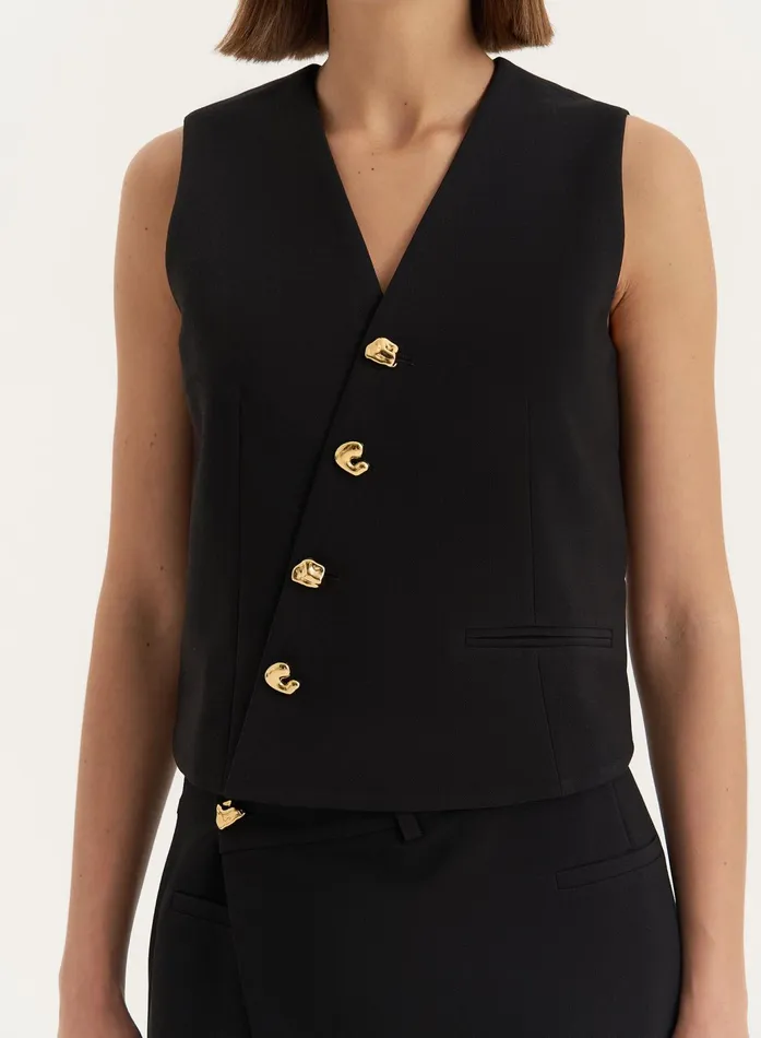 Women Black Asymmetric Gold Button Front Waistcoat Brie 4th and Reckless Tops