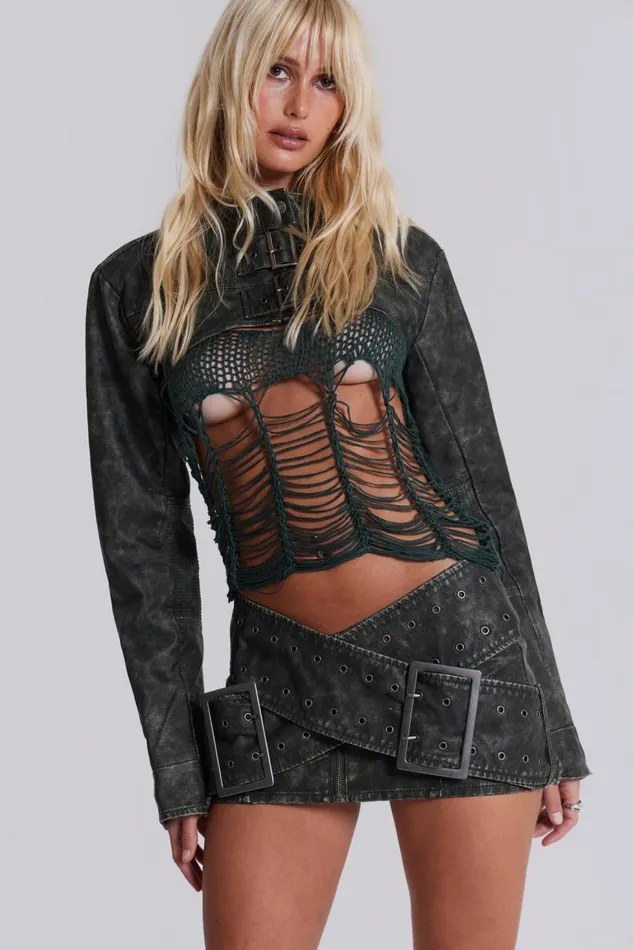 Women Black Faux Leather Wrap Around Belt Mini Skirt Jaded London CoOrds