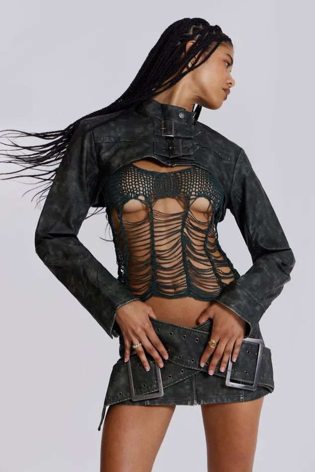 Women Black Faux Leather Wrap Around Belt Mini Skirt Jaded London CoOrds