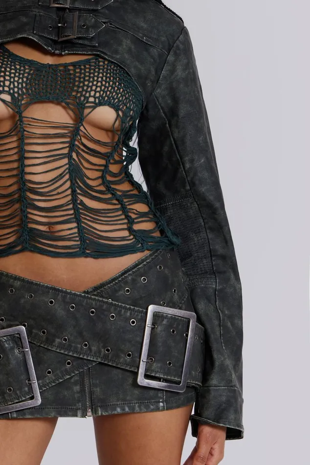 Women Black Faux Leather Wrap Around Belt Mini Skirt Jaded London CoOrds