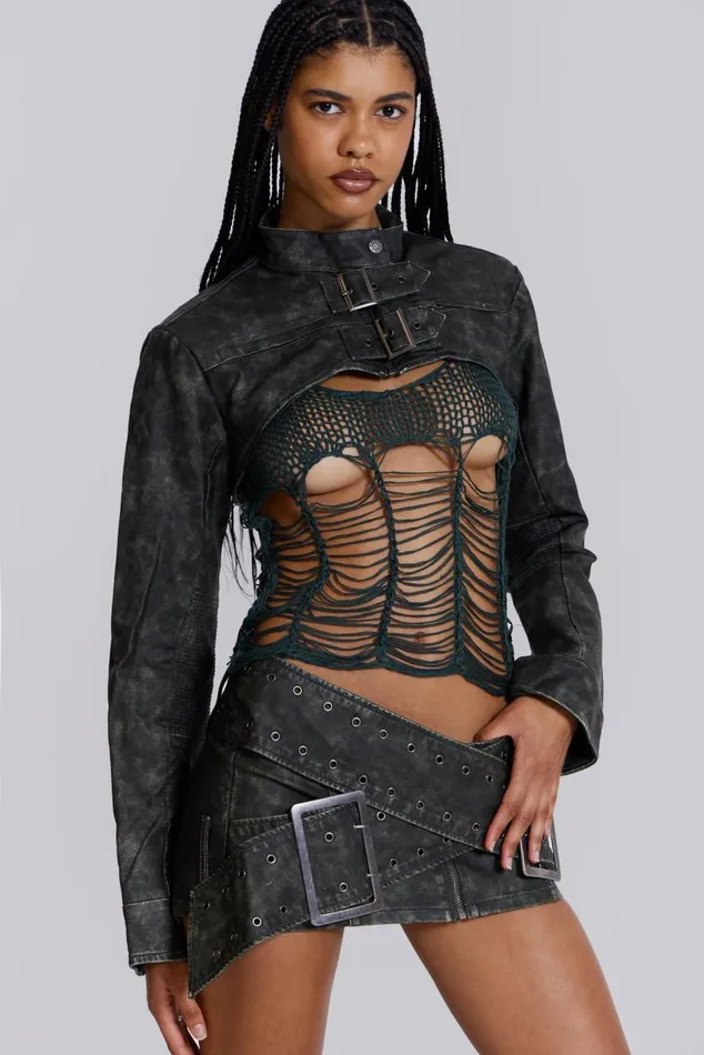 Women Black Faux Leather Wrap Around Belt Mini Skirt Jaded London CoOrds