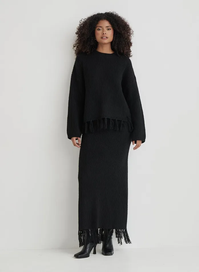Women Black Knit Tassle Trim Maxi Skirt Fallon 4th and Reckless Skirts
