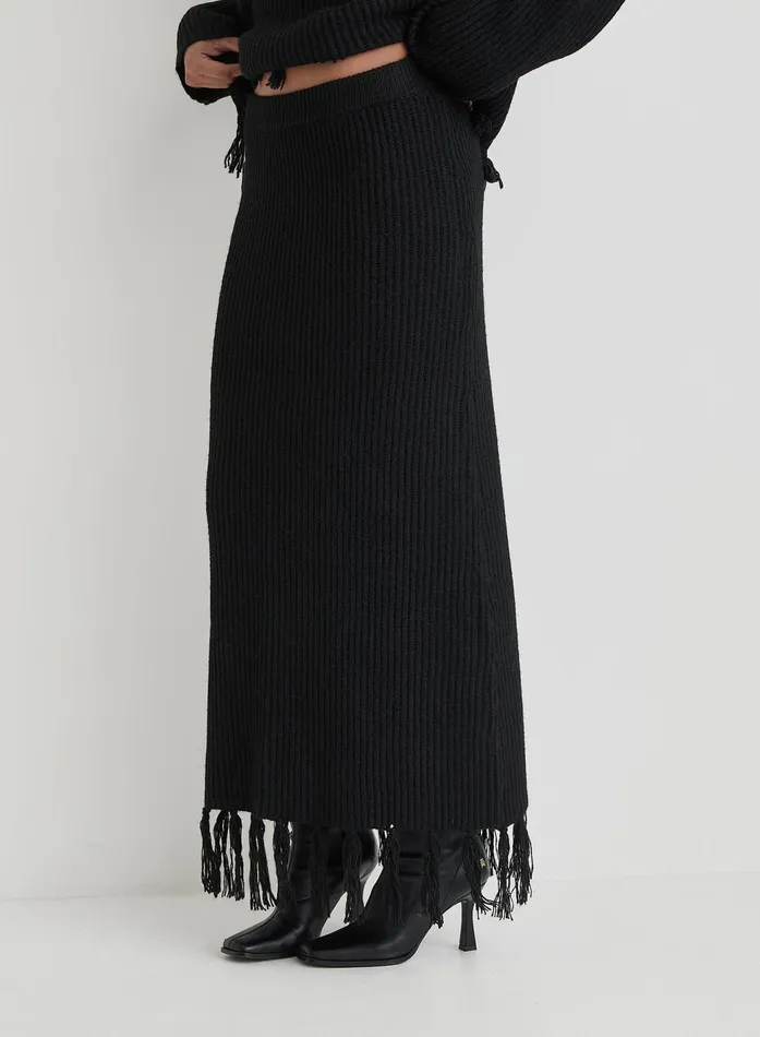Women Black Knit Tassle Trim Maxi Skirt Fallon 4th and Reckless Skirts