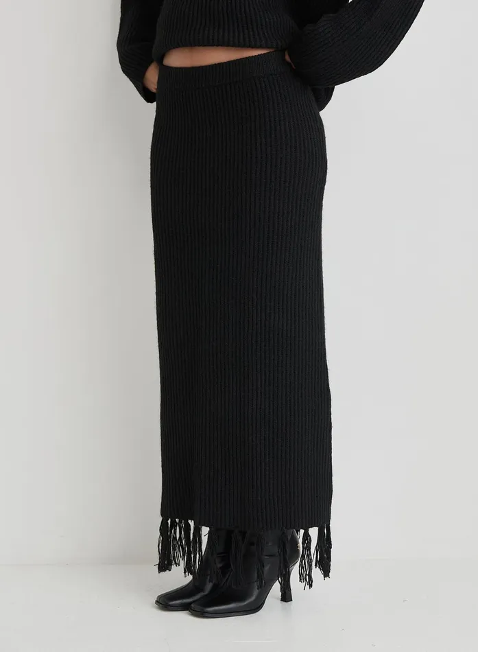 Women Black Knit Tassle Trim Maxi Skirt Fallon 4th and Reckless Skirts