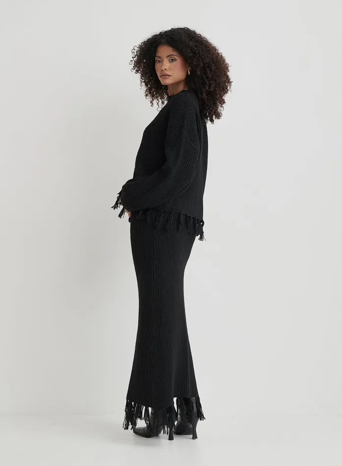 Women Black Knit Tassle Trim Maxi Skirt Fallon 4th and Reckless Skirts