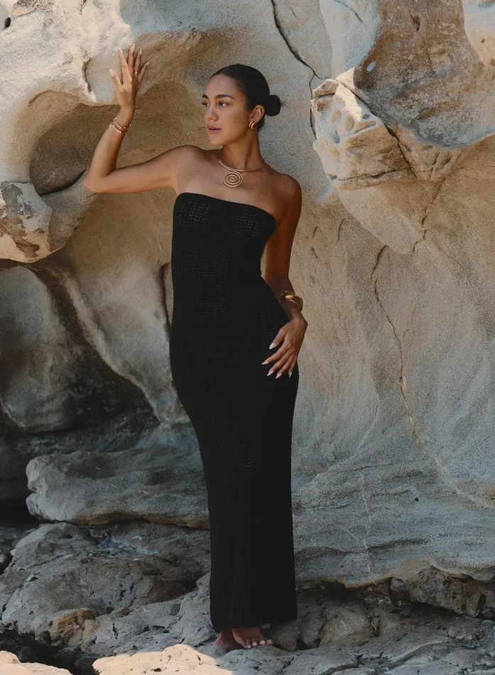 Women Black Knitted Bandeau Maxi Beach Dress Emily 4th and Reckless Knitwear